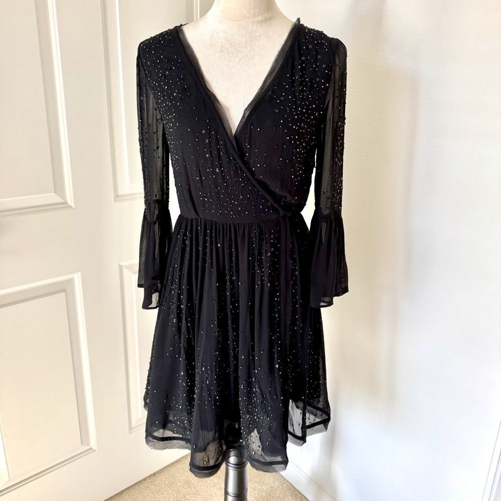 Free People beaded black wrap mini dress size 4